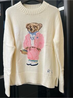 Polo by Ralph Lauren Cream Crewneck Sweater with Pink Teddy Bear
